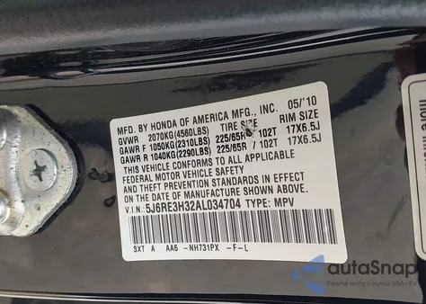 2010 Honda Cr-V Lx z USA, uszkodzony, nr VIN 5J6RE3H32AL034704
